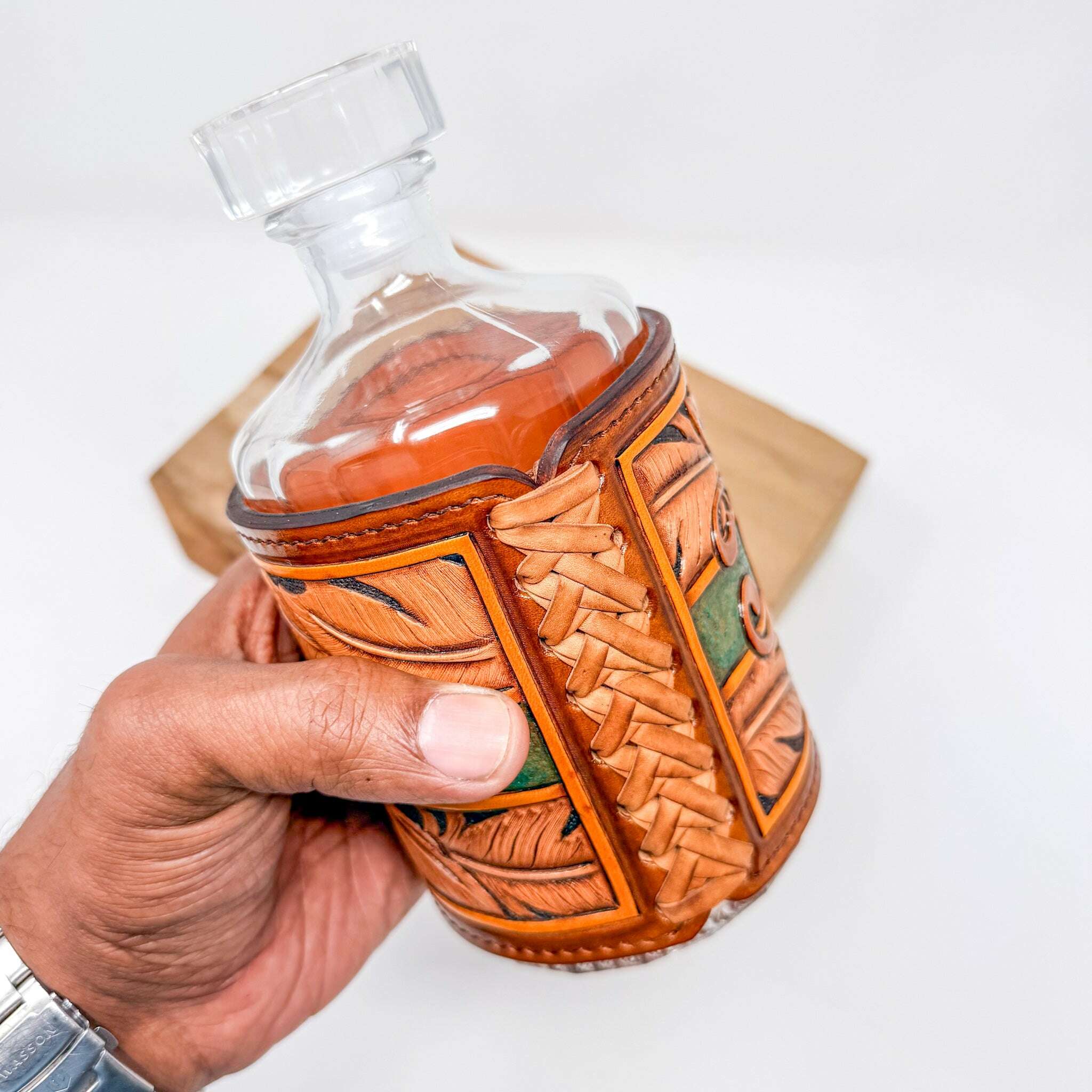 Decanter w/ Tooled Wrap - No. 110 Special Reserve: Tool Sheaths by Odin Leather Goods