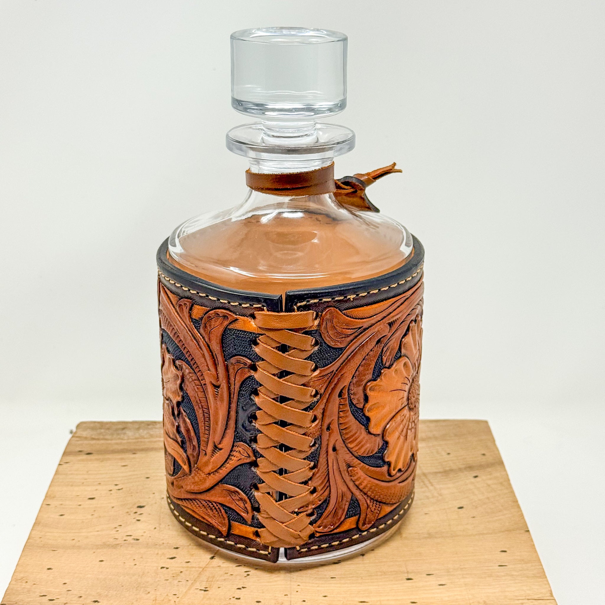 Decanter w/ Tooled Wrap - No. 101 Red Letters on Natural