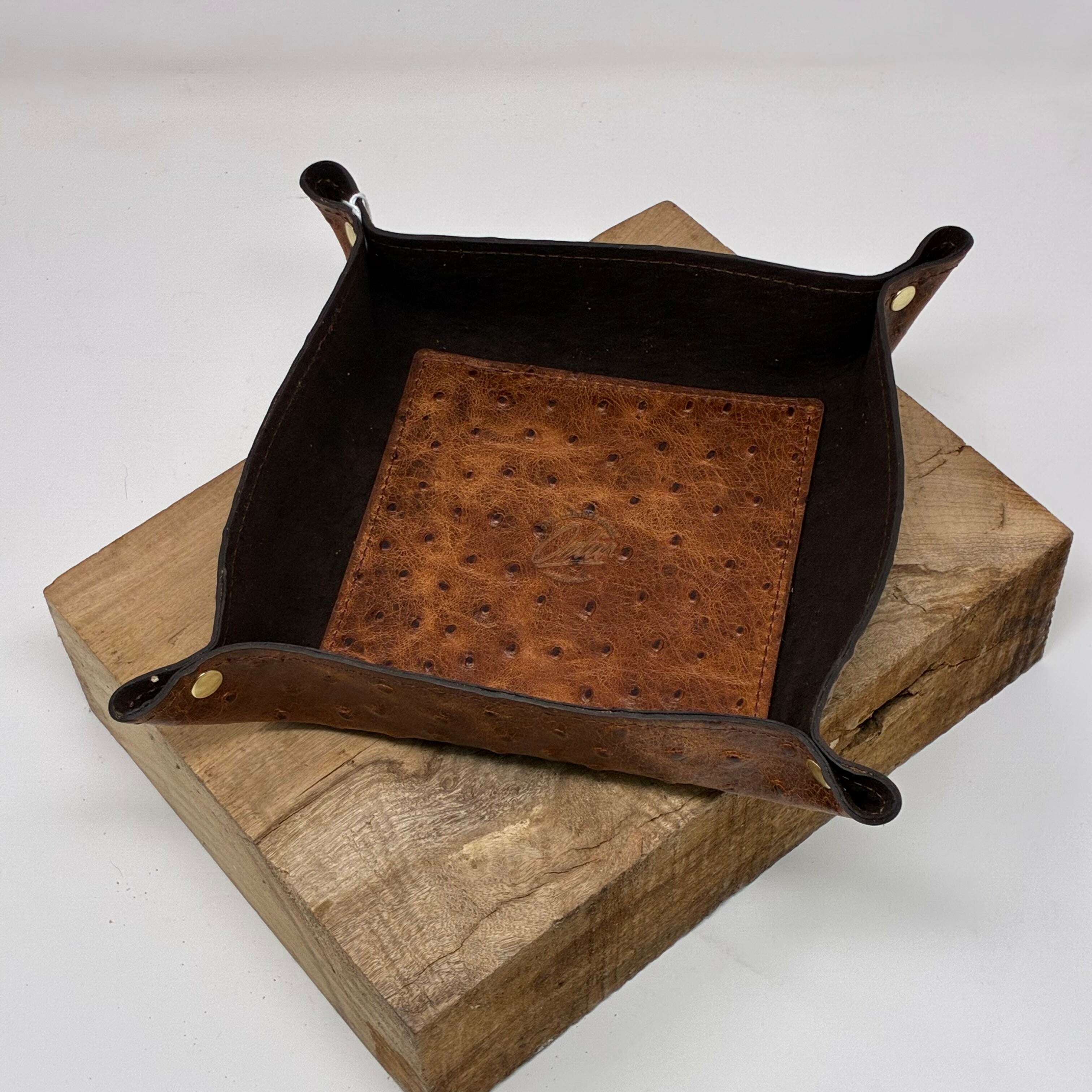 Deluxe Leather Valet Tray – Small / Brown Ostrich: Lifestyle. Odin Leather Goods available at Odin Leather Goods