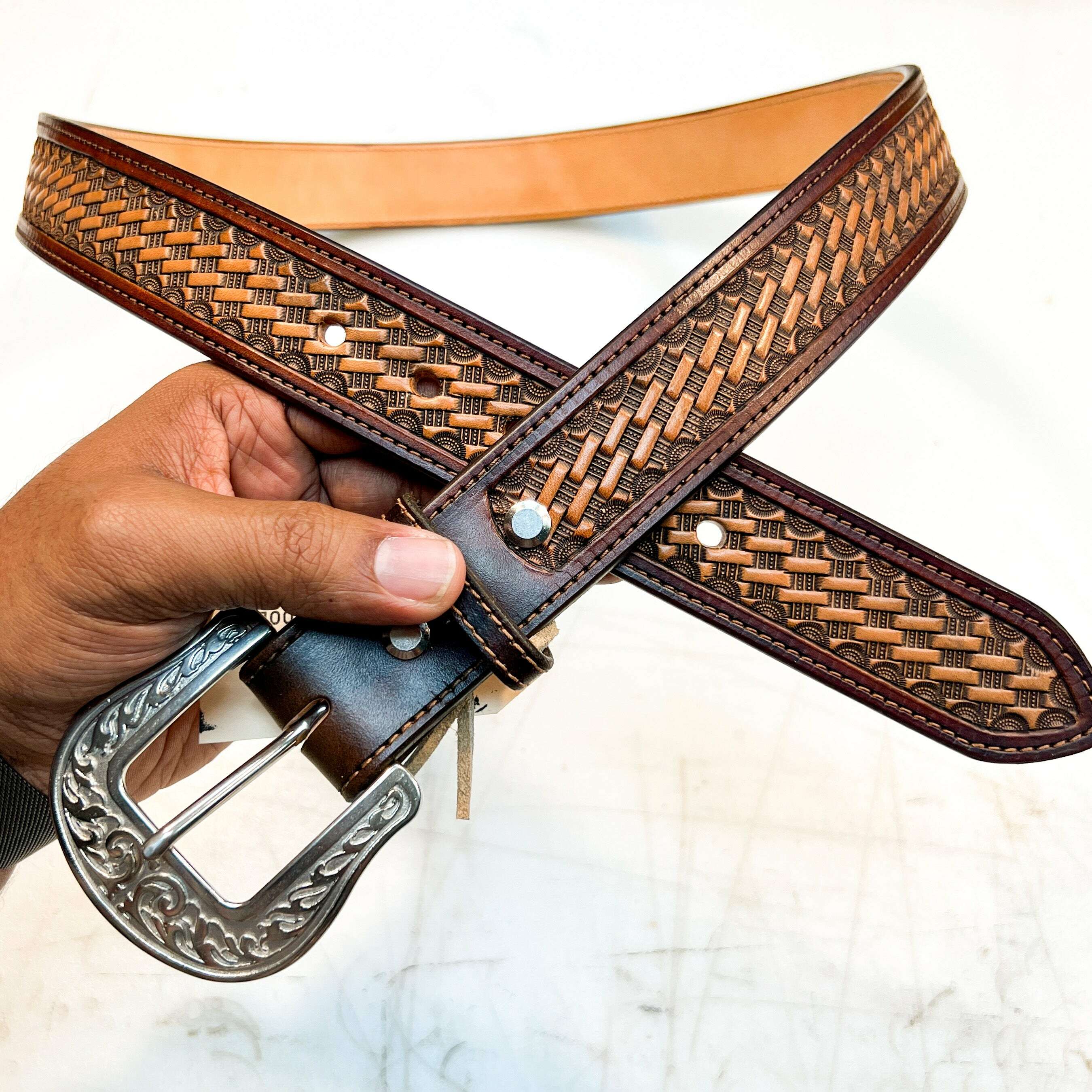 Tooled Basket Weave Genuine Leather Western Belt with Buffalo Nickels –  Flyclothing LLC